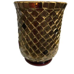 Vintage Mosaic Glass Vase Votive Holder Gold & Red Diamond Pattern 5.5" x 4.25"